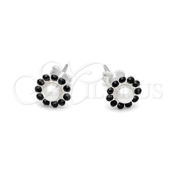 Arete Dormilona 02.406.0018.01 Plata Rodinada, Diseño de Flor, con Cristal Negro, Pulido, Tono Plateado
