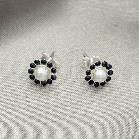 Arete Dormilona 02.406.0018.01 Plata Rodinada, Diseño de Flor, con Cristal Negro, Pulido, Tono Plateado