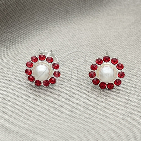 Arete Dormilona 02.406.0018.02 Plata Rodinada, Diseño de Flor, con Cristal Granate, Pulido, Tono Plateado