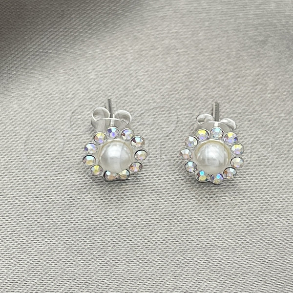 Arete Dormilona 02.406.0018.03 Plata Rodinada, Diseño de Flor, con Cristal Blanca, Pulido, Tono Plateado