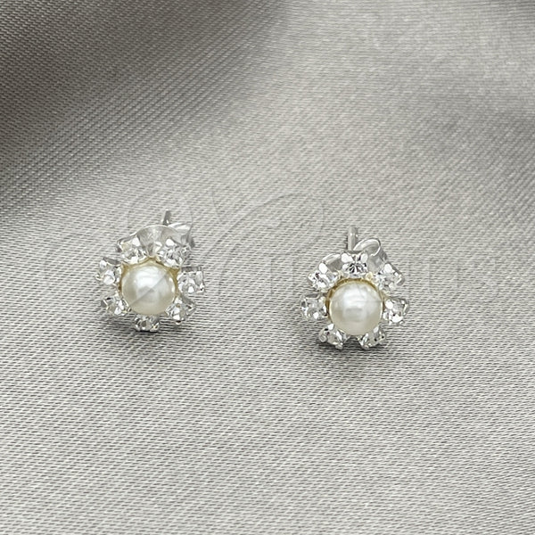Arete Dormilona 02.406.0019 Plata Rodinada, Diseño de Flor, con Perla Marfil, Pulido, Tono Plateado