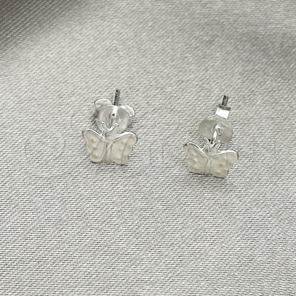 Arete Dormilona 02.406.0025.03 Plata Rodinada, Diseño de Mariposa, Esmaltado Blanco, Tono Plateado