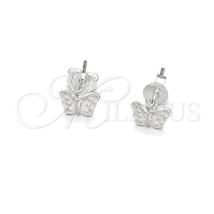 Arete Dormilona 02.406.0025.03 Plata Rodinada, Diseño de Mariposa, Esmaltado Blanco, Tono Plateado