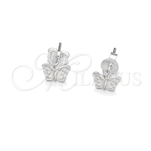 Arete Dormilona 02.406.0025.03 Plata Rodinada, Diseño de Mariposa, Esmaltado Blanco, Tono Plateado
