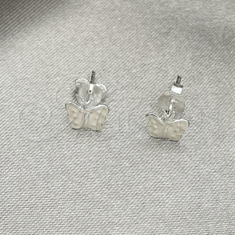 Arete Dormilona 02.406.0025.03 Plata Rodinada, Diseño de Mariposa, Esmaltado Blanco, Tono Plateado