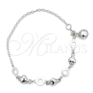 Pulsera de Dije 03.409.0005.07 Plata Rodinada, Diseño de Corazón, Pulido, Tono Plateado (7 Pulgadas de Largo)