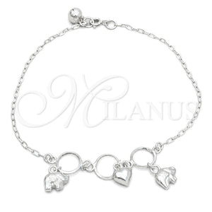 Tobillera de Dije 03.409.0023.10 Plata Rodinada, Diseño de Elefante, Pulido, Tono Plateado (10 Pulgadas de Largo)