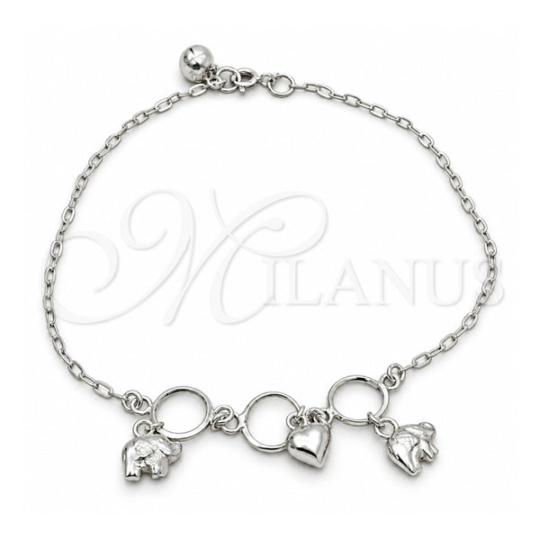 Tobillera de Dije 03.409.0023.10 Plata Rodinada, Diseño de Elefante, Pulido, Tono Plateado (10 Pulgadas de Largo)