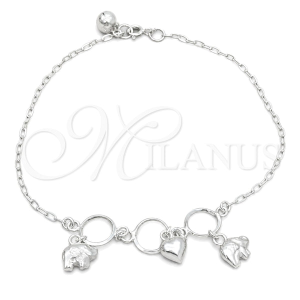 Tobillera de Dije 03.409.0023.10 Plata Rodinada, Diseño de Elefante, Pulido, Tono Plateado (10 Pulgadas de Largo)