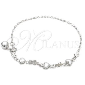Tobillera de Dije 03.409.0029.10 Plata Rodinada, Diseño de Corazón, Pulido, Tono Plateado (10 Pulgadas de Largo)