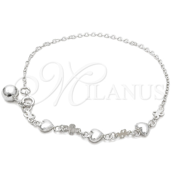 Tobillera de Dije 03.409.0029.10 Plata Rodinada, Diseño de Corazón, Pulido, Tono Plateado (10 Pulgadas de Largo)