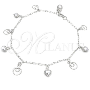 Tobillera de Dije 03.409.0031.10 Plata Rodinada, Diseño de Corazón, Pulido, Tono Plateado (10 Pulgadas de Largo)