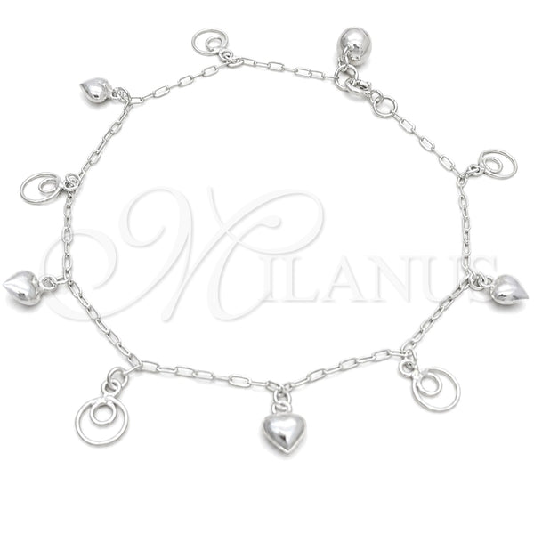Tobillera de Dije 03.409.0031.10 Plata Rodinada, Diseño de Corazón, Pulido, Tono Plateado (10 Pulgadas de Largo)