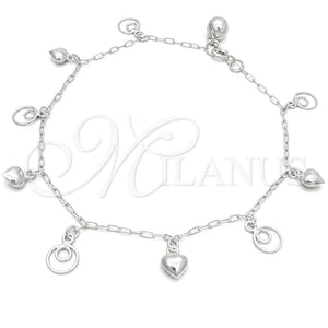 Tobillera de Dije 03.409.0031.10 Plata Rodinada, Diseño de Corazón, Pulido, Tono Plateado (10 Pulgadas de Largo)