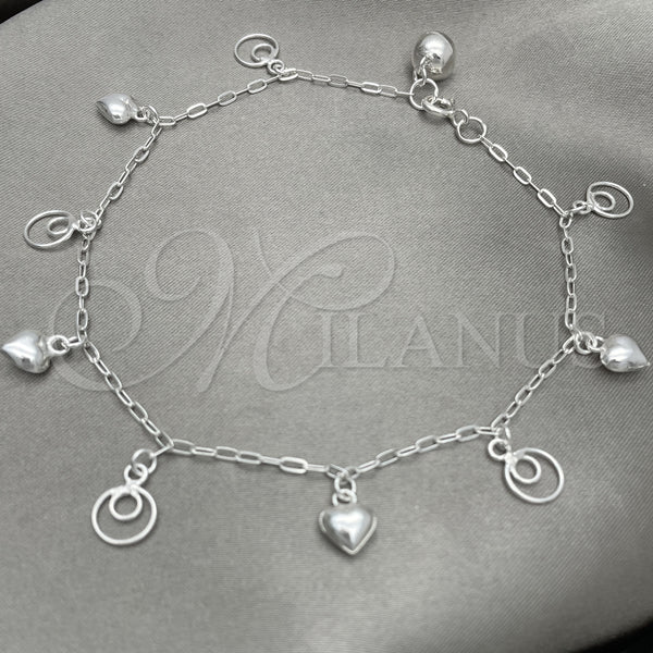 Tobillera de Dije 03.409.0031.10 Plata Rodinada, Diseño de Corazón, Pulido, Tono Plateado (10 Pulgadas de Largo)