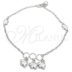 Tobillera de Dije 03.409.0035.10 Plata Rodinada, Diseño de Elefante, Pulido, Tono Plateado (10 Pulgadas de Largo)