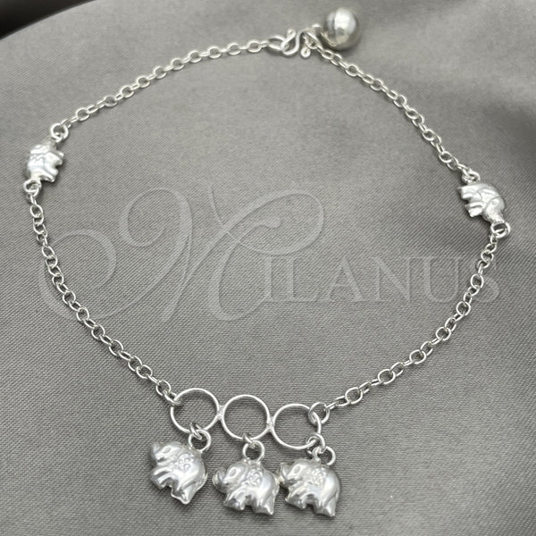 Tobillera de Dije 03.409.0035.10 Plata Rodinada, Diseño de Elefante, Pulido, Tono Plateado (10 Pulgadas de Largo)