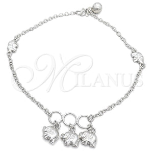 Tobillera de Dije 03.409.0035.10 Plata Rodinada, Diseño de Elefante, Pulido, Tono Plateado (10 Pulgadas de Largo)