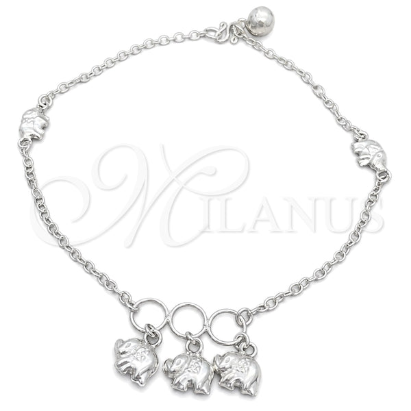 Tobillera de Dije 03.409.0035.10 Plata Rodinada, Diseño de Elefante, Pulido, Tono Plateado (10 Pulgadas de Largo)
