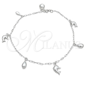 Tobillera de Dije 03.409.0037.10 Plata Rodinada, Diseño de Delfín, Pulido, Tono Plateado (10 Pulgadas de Largo)