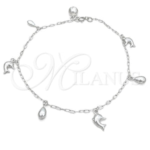 Tobillera de Dije 03.409.0037.10 Plata Rodinada, Diseño de Delfín, Pulido, Tono Plateado (10 Pulgadas de Largo)