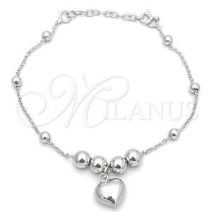 Pulsera de Dije 03.407.0005.07 Plata Rodinada, Diseño de Corazón, Pulido, Tono Plateado (7 Pulgadas de Largo)