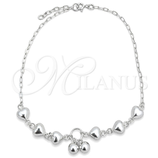 Tobillera de Dije 03.407.0006.10 Plata Rodinada, Diseño de Corazón, Pulido, Tono Plateado (10 Pulgadas de Largo)