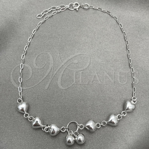 Tobillera de Dije 03.407.0006.10 Plata Rodinada, Diseño de Corazón, Pulido, Tono Plateado (10 Pulgadas de Largo)