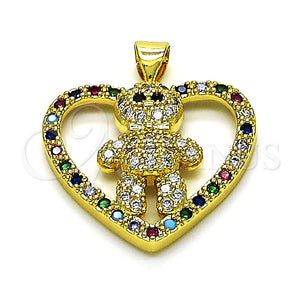 Dije Elegante 05.381.0013 Oro Laminado, Diseño de Osito y Corazón, con Multicolor Zirconia Cubica, Pulido, Tono Dorado