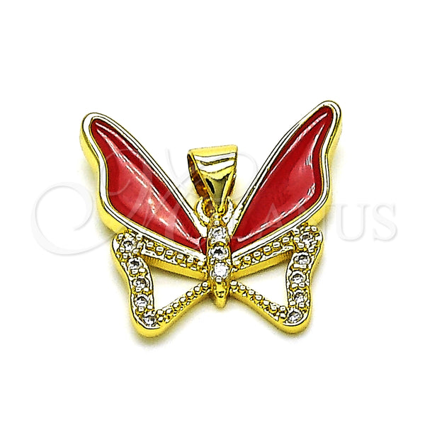 Dije Elegante 05.381.0015.1 Oro Laminado, Diseño de Mariposa, con Blanca Micro Pave, Esmaltado Rojo, Tono Dorado