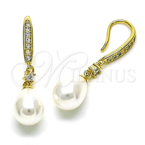 Arete Largo 02.387.0111 Oro Laminado, Diseño de Gota, con Marfil Perla and Blanca Zirconia Cubica, Pulido, Tono Dorado