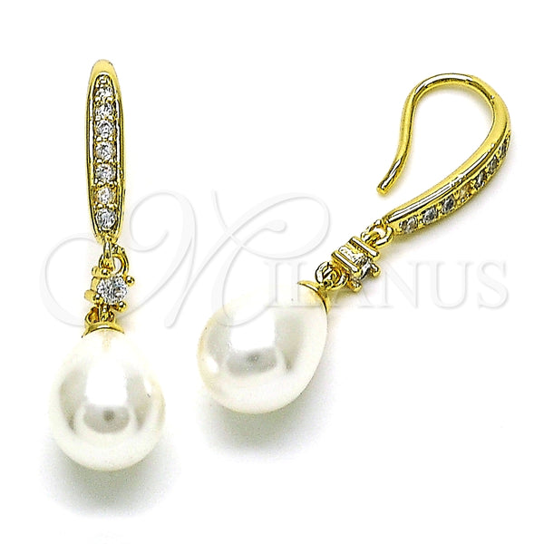 Arete Largo 02.387.0111 Oro Laminado, Diseño de Gota, con Marfil Perla and Blanca Zirconia Cubica, Pulido, Tono Dorado