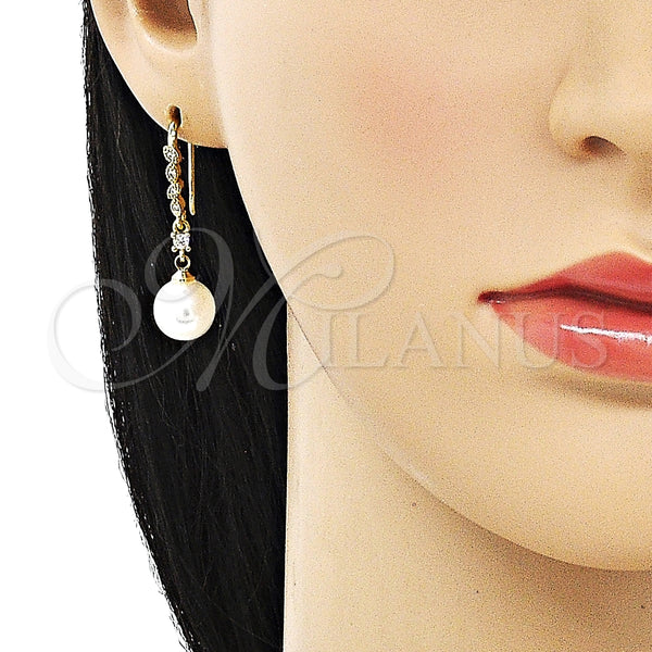 Arete Largo 02.387.0112 Oro Laminado, Diseño de Bola, con Marfil Perla and Blanca Micro Pave, Pulido, Tono Dorado