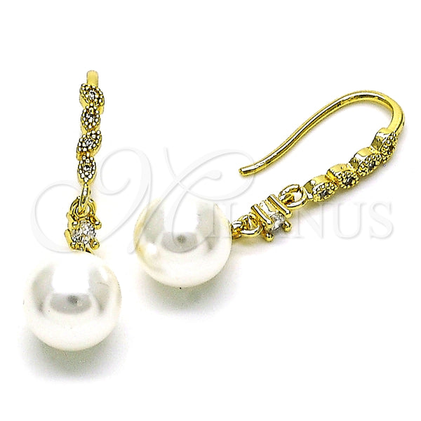 Arete Largo 02.387.0112 Oro Laminado, Diseño de Bola, con Marfil Perla and Blanca Micro Pave, Pulido, Tono Dorado