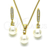 Juego de Arete y Dije de Adulto 10.387.0013 Oro Laminado, Diseño de Bola, con Marfil Perla and Blanca Zirconia Cubica, Pulido, Tono Dorado