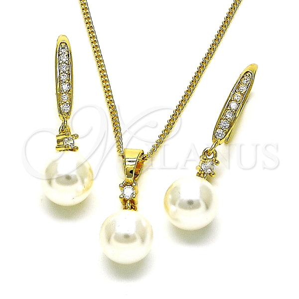 Juego de Arete y Dije de Adulto 10.387.0013 Oro Laminado, Diseño de Bola, con Marfil Perla and Blanca Zirconia Cubica, Pulido, Tono Dorado
