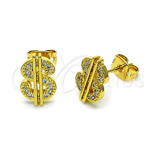 Arete Dormilona 02.342.0235 Oro Laminado, Diseño de Dinero, con Micro Pave Blanca, Pulido, Tono Dorado