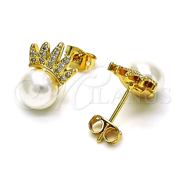 Arete Dormilona 02.342.0239 Oro Laminado, Diseño de Corona, con Marfil Perla and Blanca Micro Pave, Pulido, Tono Dorado