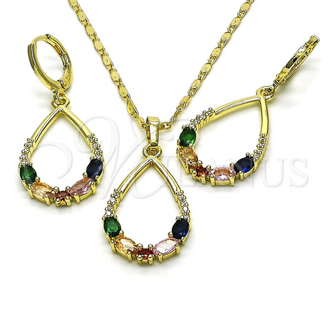 Juego de Arete y Dije de Adulto 10.196.0079.3 Oro Laminado, Diseño de Gota, con Multicolor Zirconia Cubica and Blanca Micro Pave, Pulido, Tono Dorado