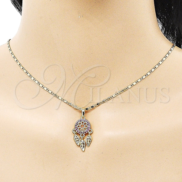 Juego de Arete y Dije de Adulto 10.196.0083 Oro Laminado, Diseño de Flor y Oja, con Rubi Micro Pave, Pulido, Tono Dorado