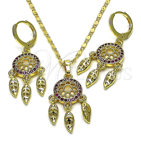 Juego de Arete y Dije de Adulto 10.196.0083 Oro Laminado, Diseño de Flor y Oja, con Rubi Micro Pave, Pulido, Tono Dorado