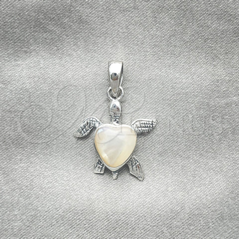 Dije Elegante 05.410.0008.2 Plata Rodinada, Diseño de Tortuga, con Madre Perla Marfil, Pulido, Tono Plateado