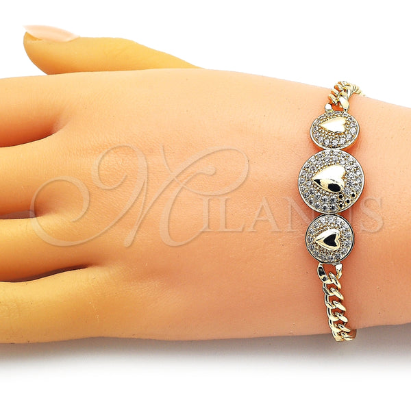 Pulsera Elegante 03.283.0293.07 Oro Laminado, Diseño de Corazón y Miami Cubana, con Blanca Zirconia Cubica, Pulido, Tono Dorado (05 MM Thickness, 7 Inches Length)