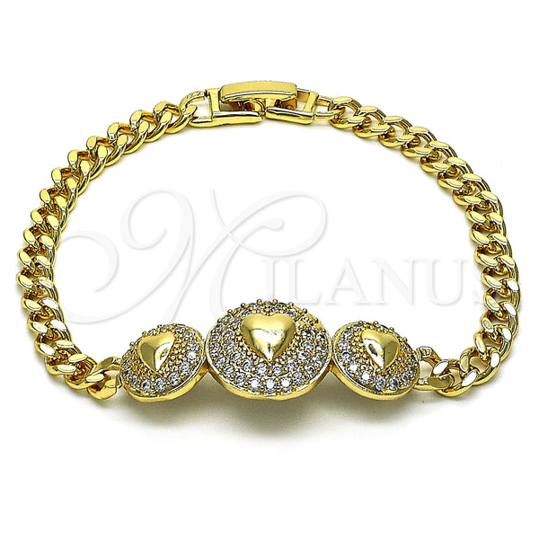 Pulsera Elegante 03.283.0293.07 Oro Laminado, Diseño de Corazón y Miami Cubana, con Blanca Zirconia Cubica, Pulido, Tono Dorado (05 MM Thickness, 7 Inches Length)