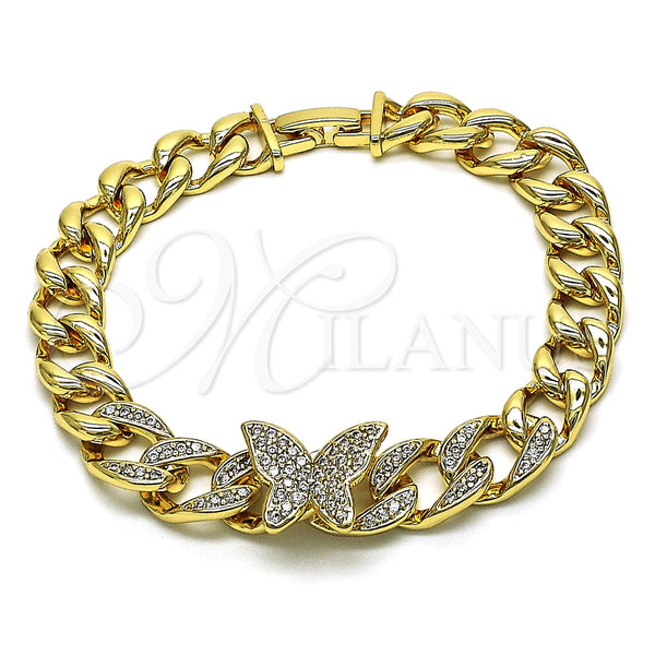 Pulsera Elegante 03.283.0296.07 Oro Laminado, Diseño de Mariposa y Miami Cubana, con Blanca Zirconia Cubica, Pulido, Tono Dorado (09 MM Thickness, 7 Inches Length)