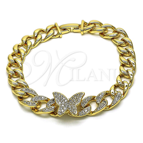 Pulsera Elegante 03.283.0296.07 Oro Laminado, Diseño de Mariposa y Miami Cubana, con Blanca Zirconia Cubica, Pulido, Tono Dorado (09 MM Thickness, 7 Inches Length)