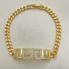 Pulsera Elegante 03.283.0298.08 Oro Laminado, Diseño de Llave Griega y Miami Cubana, con Micro Pave Blanca, Pulido, Tono Dorado (Grosor 05 MM, 8 Pulgadas de Largo)