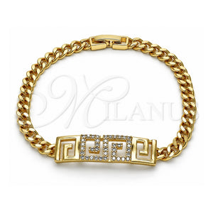 Pulsera Elegante 03.283.0298.08 Oro Laminado, Diseño de Llave Griega y Miami Cubana, con Micro Pave Blanca, Pulido, Tono Dorado (Grosor 05 MM, 8 Pulgadas de Largo)