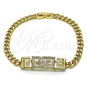 Pulsera Elegante 03.283.0298.08 Oro Laminado, Diseño de Llave Griega y Miami Cubana, con Micro Pave Blanca, Pulido, Tono Dorado (Grosor 05 MM, 8 Pulgadas de Largo)