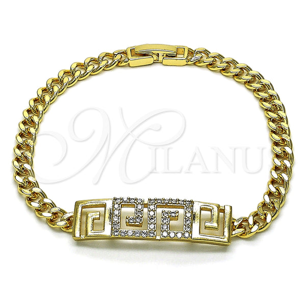 Pulsera Elegante 03.283.0298.08 Oro Laminado, Diseño de Llave Griega y Miami Cubana, con Micro Pave Blanca, Pulido, Tono Dorado (Grosor 05 MM, 8 Pulgadas de Largo)